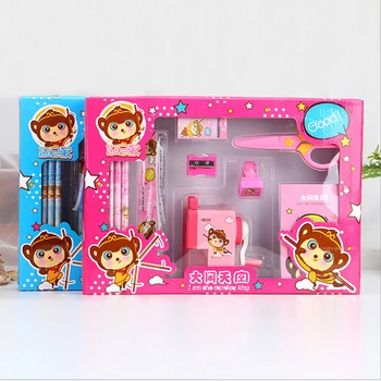 

Cartoon Cute Kawaii Stationery Set Blue Pink for Girls Boys Gift Pencils Sharpner Eraser Ruler Notebook Paper Scissors