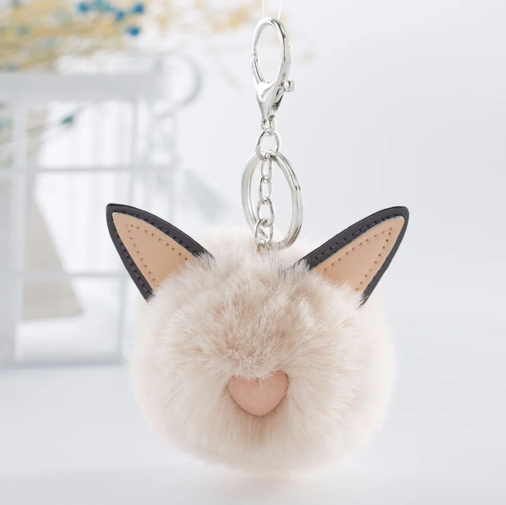 10 Color Fluffy Cat Ear Keychain Kitty Rabbit Fur Ball Key Chain Bag