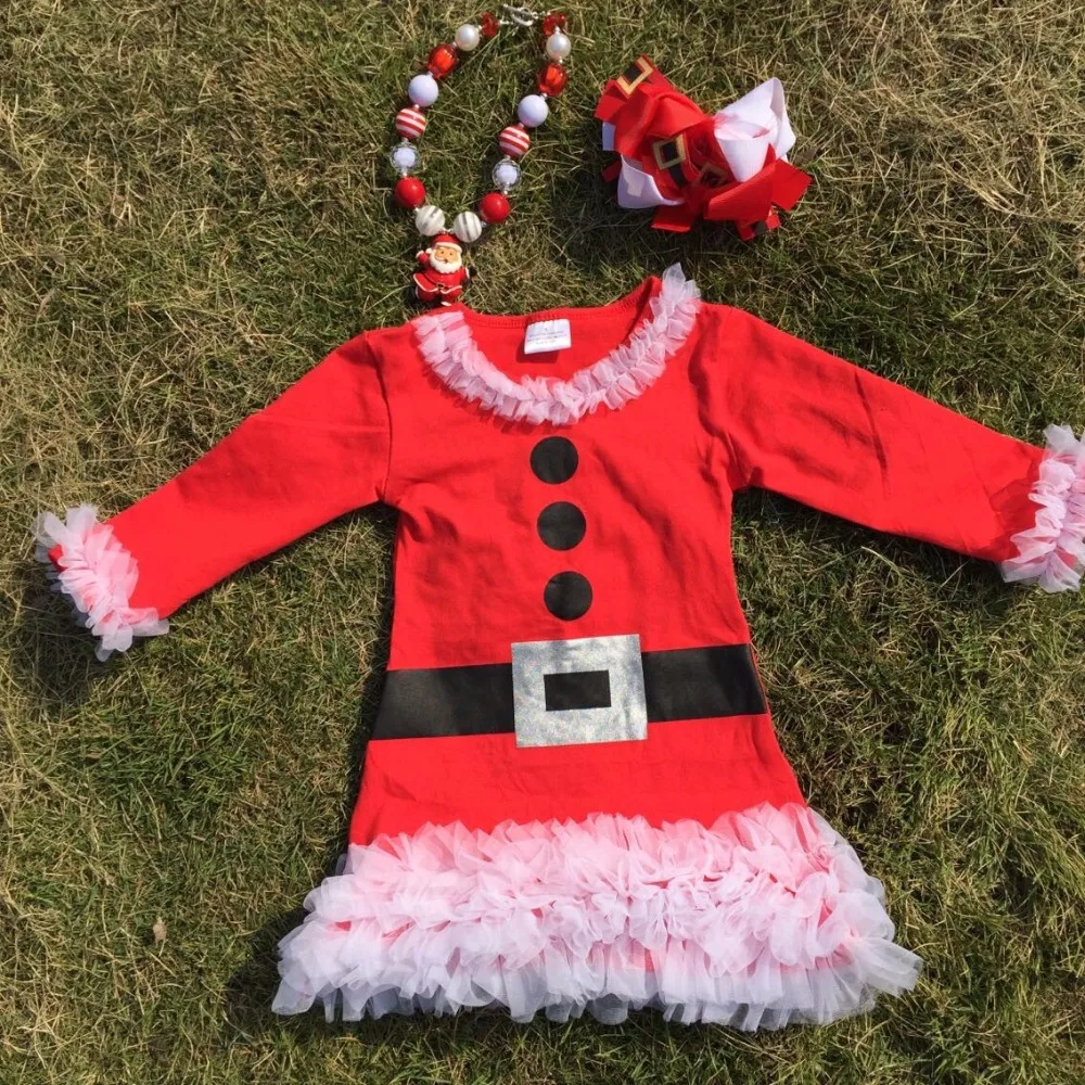 

baby clothes children fall/winter  boutique chirstmas dress baby girls santa clause dress with necklace and cotton headband set