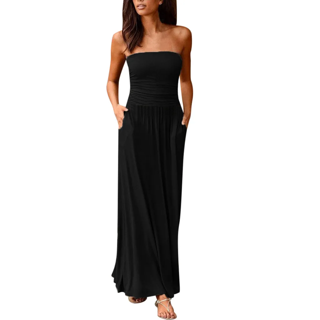 

CHAMSGEND Womens Bandeau Holiday Off Shoulder Long Dress Ladies Summer Solid Maxi Dress plus size Summer maxi Dresses C3058