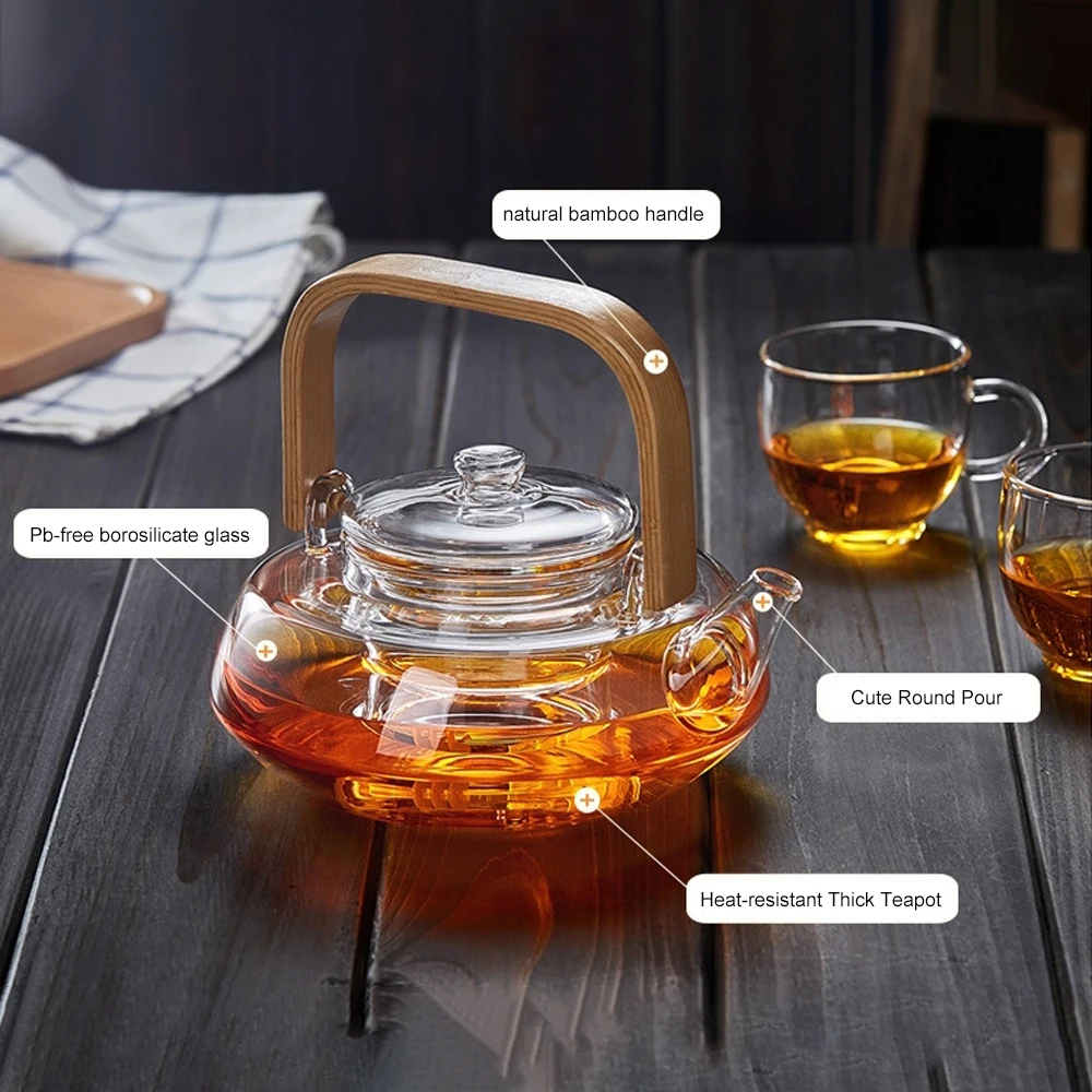 Бамбуковая ручка 800 мл цветущий, свободный лист чайник с стеклянная сетка для процеживания безопасной крышкой посудомоечная машина, безопасный для плиты чайный набор чайники