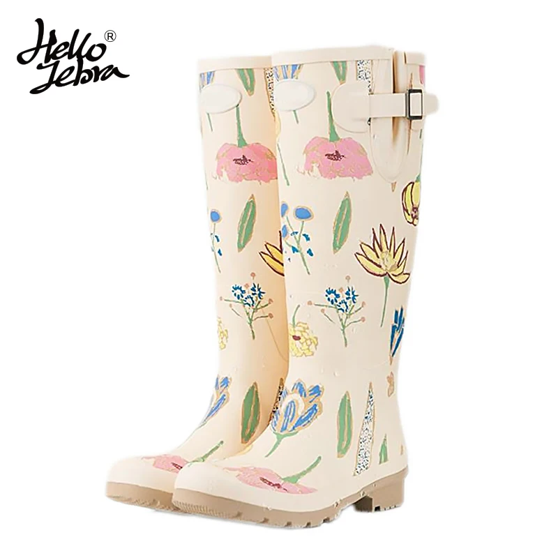 

Hellozebra Women Tall Rain Boots Ladies Low Hoof Heels Waterproof Graffiti Buckle High Nubuck Round Toe Rainboots Fashion