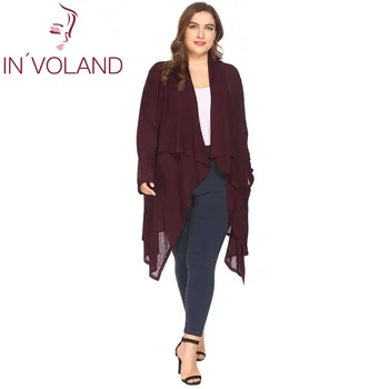 

IN'VOLAND Plus Size Women Cardigan Tops XL-4XL Spring Autumn Long Sleeve Drawstring Draped Irregular Sweater Jacket Big Size