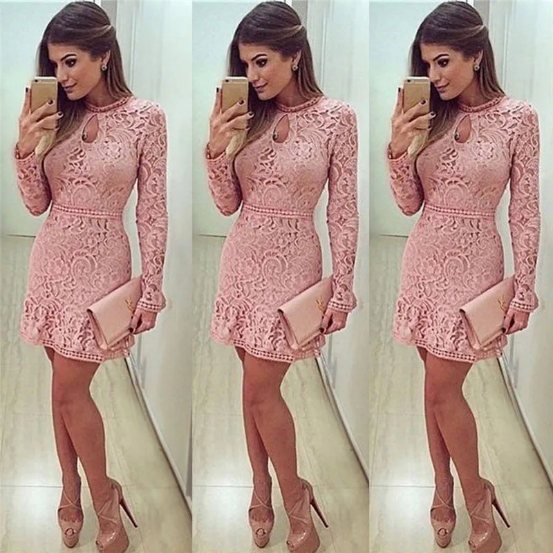 الخريف الشتاء النساء مثير الوردي الدانتيل ثوب طويل الأكمام ضئيلة شاطئ فستان قصير الصلبة فساتين حزب البسيطة bodycon vestidos دي فيستا