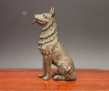 

8 CM Chinese red Copper Zodiac Animal Shepherd Wolfhound Working Dog sit Statue