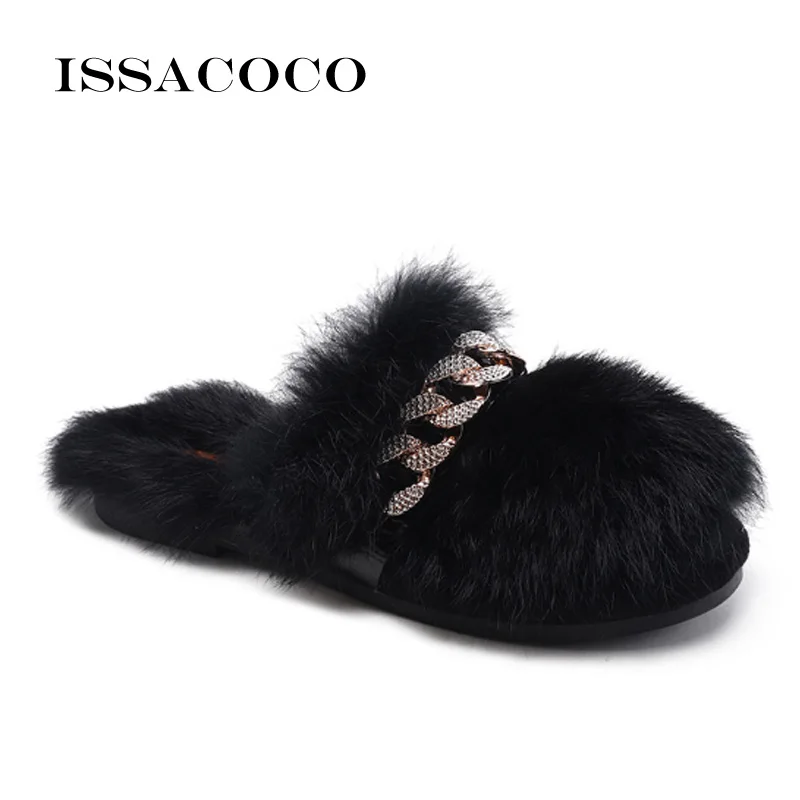 

ISSACOCO Women's Slippers Flat Warm Rabbit Fur Home Slippers Women Non-slip Flat Slides Slippers Women Furry Slippers Pantuflas