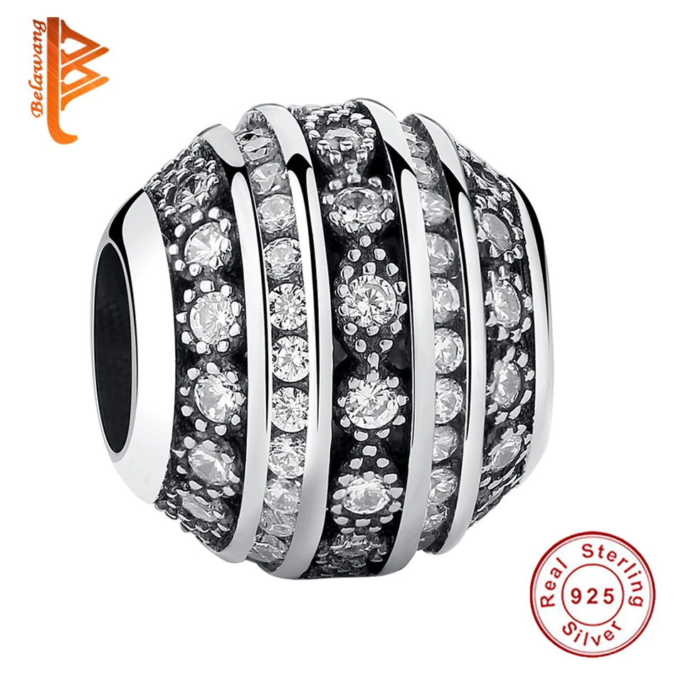 

BELAWANG Luxury 925 Sterling Silver Round Bead for Women Clearly CZ Crystal Charm Fit Women Original Bracelet DIY Jewelry Making