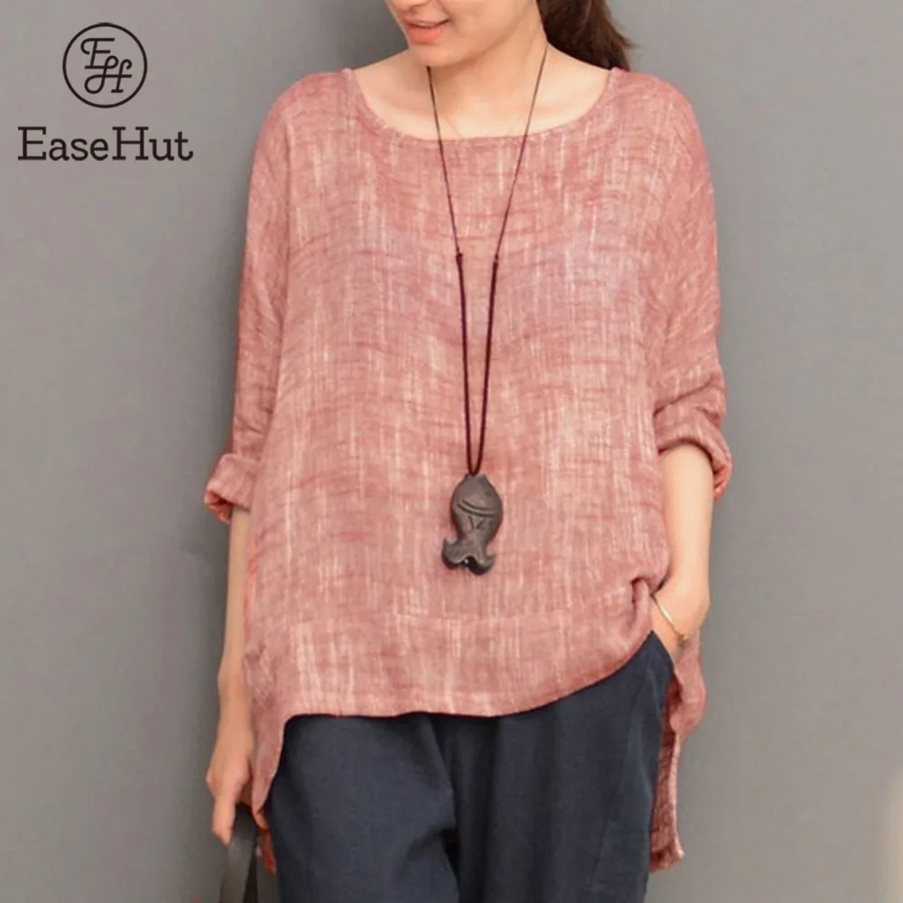 

EaseHut 2019 Women Blouse Long Sleeve O Neck Split Irregular Hem Cotton Pullover Shirts Loose Casual Blusas Plus Size 5XL