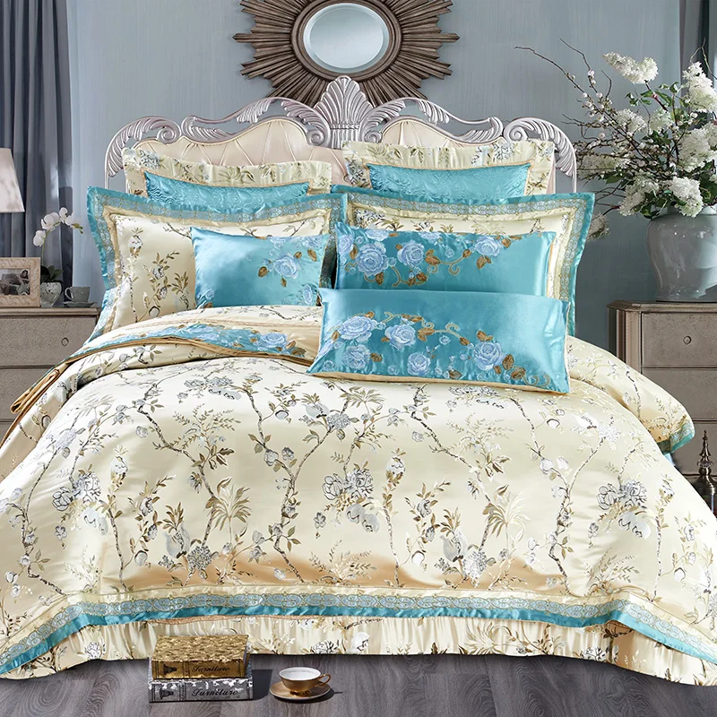 Europe style Flower Satin Jacquard Luxury Wedding Bedding set Queen