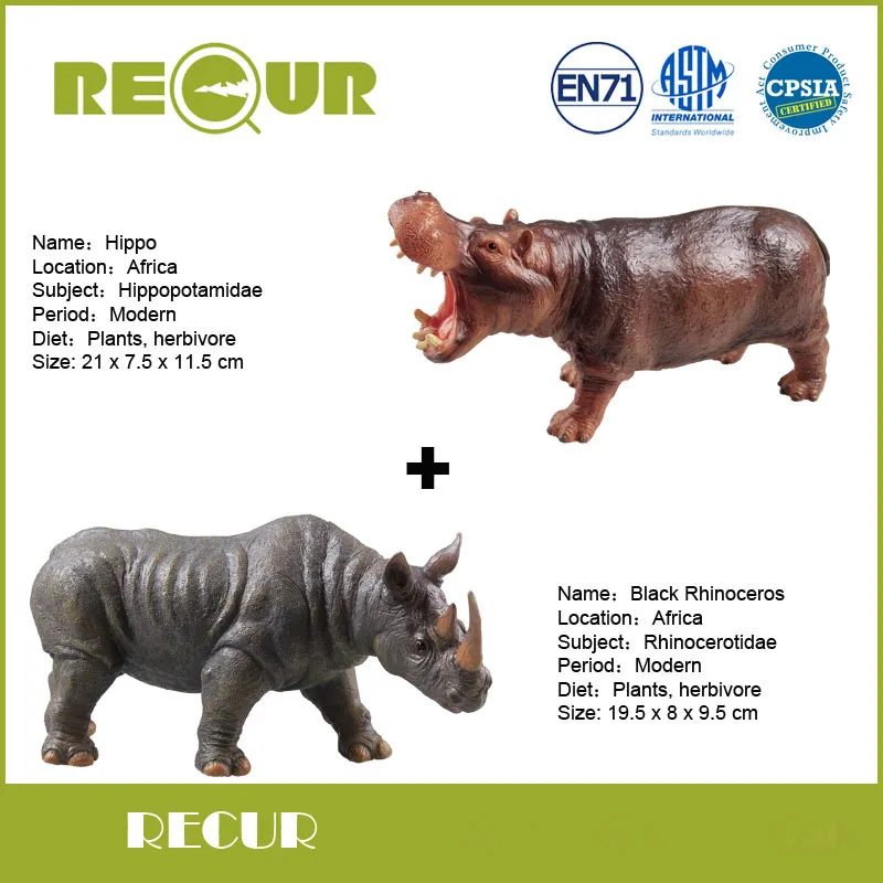 2 pcs/lot Recur Toys Rhinoceros+Hippo Wild Animal Simulated Model Hand