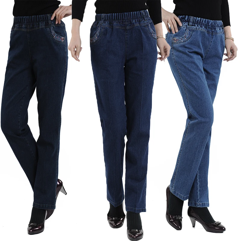 

2018 spring and summer elastic waist high waist denim straight female women jeans thin Lady pants plus size
