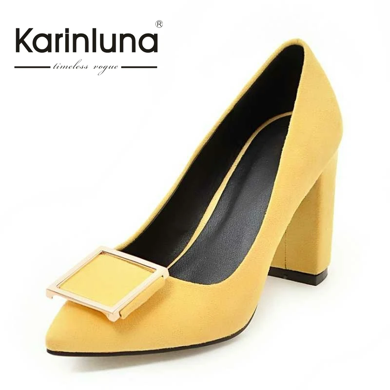 

KARINLUNA Metal Women Pumps Sexy Pointed Toe Square High Heel Party Wedding Office Ladies Shoes 2017 Big Size 33-43