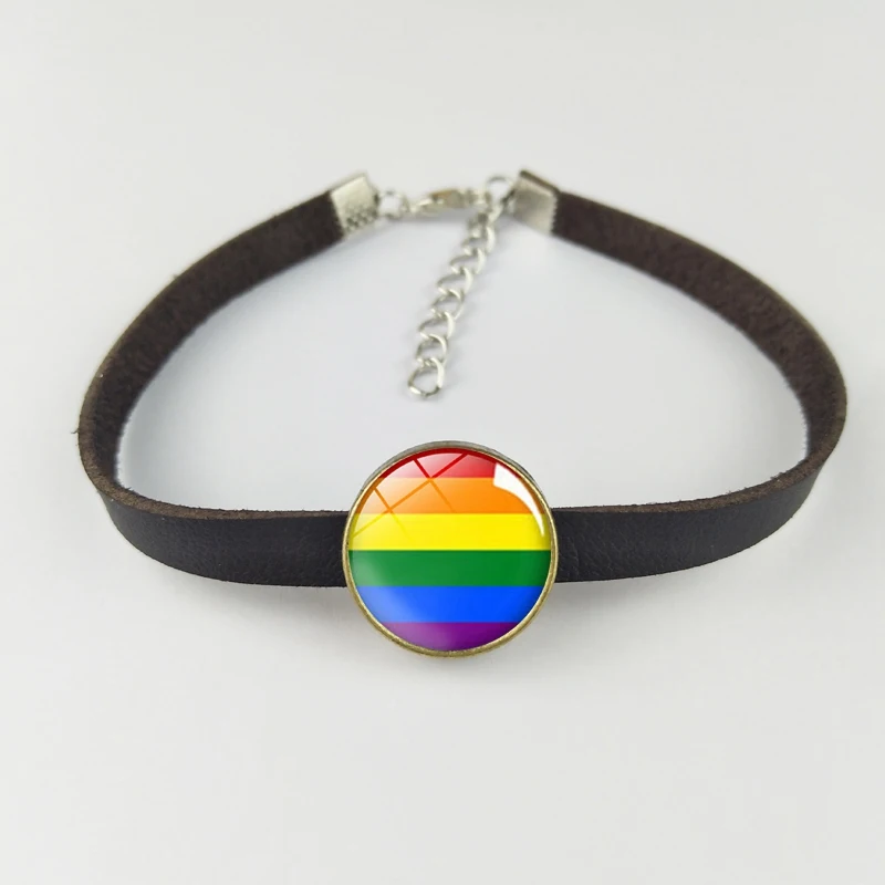 

LGBT Pride Rainbow Bracelet Punk Brown Leather Rope Glass Charm Bracelets Lesbians Gays Bisexuals Transgender Jewelry