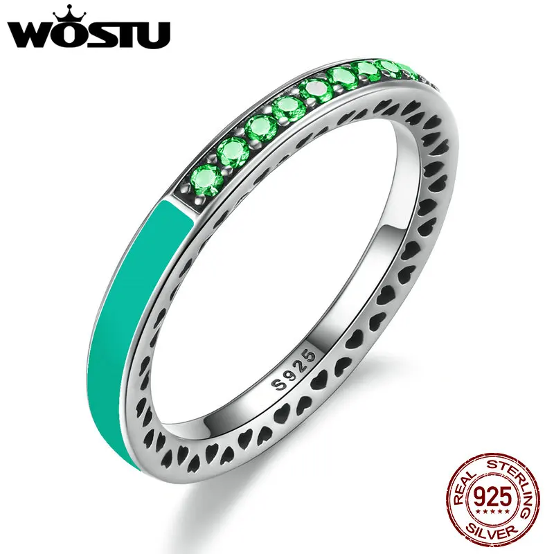 

WOSTU Genuine 925 Sterling Silver Radiant Hearts Bright Mint Enamel Wedding Ring For Women Fine S925 Rings Jewelry Gift XCH7619