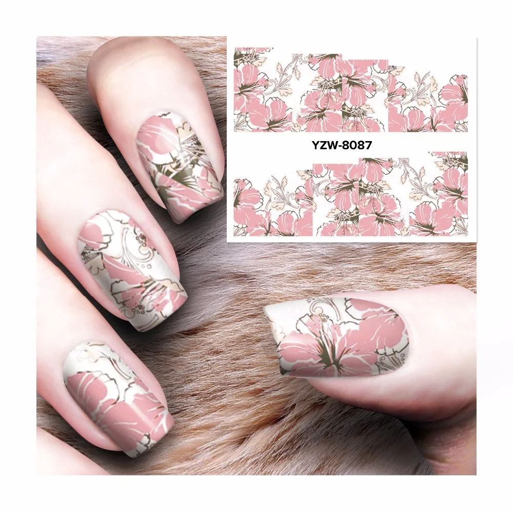 ZKO 1 лист шикарный розовый цветок дизайн ногтей наклейки водяные наклейки для ногтей искусство переводные наклейки s для ногтей 8087