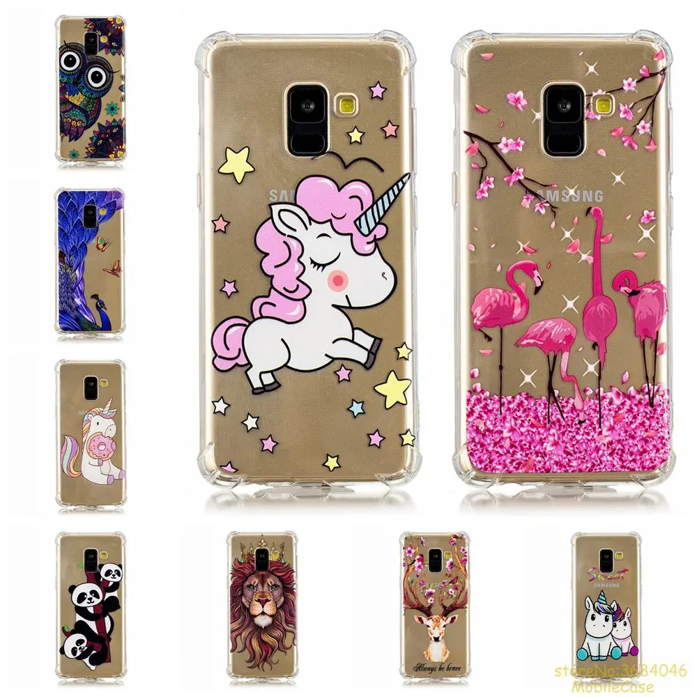 

Case For Samsung A8 2018 Phone cover Fall proof unicorn owl Cartoon varnish relief painted cases Soft TPU fundas Back Cover