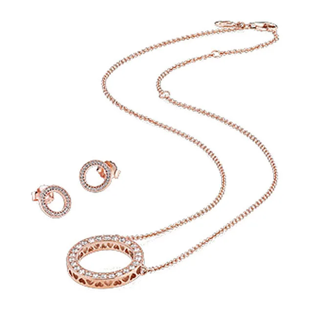 

Kristie 925 sterling silver rose gold round hollow zircon earrings necklace ladies elegant clavicle chain earrings set