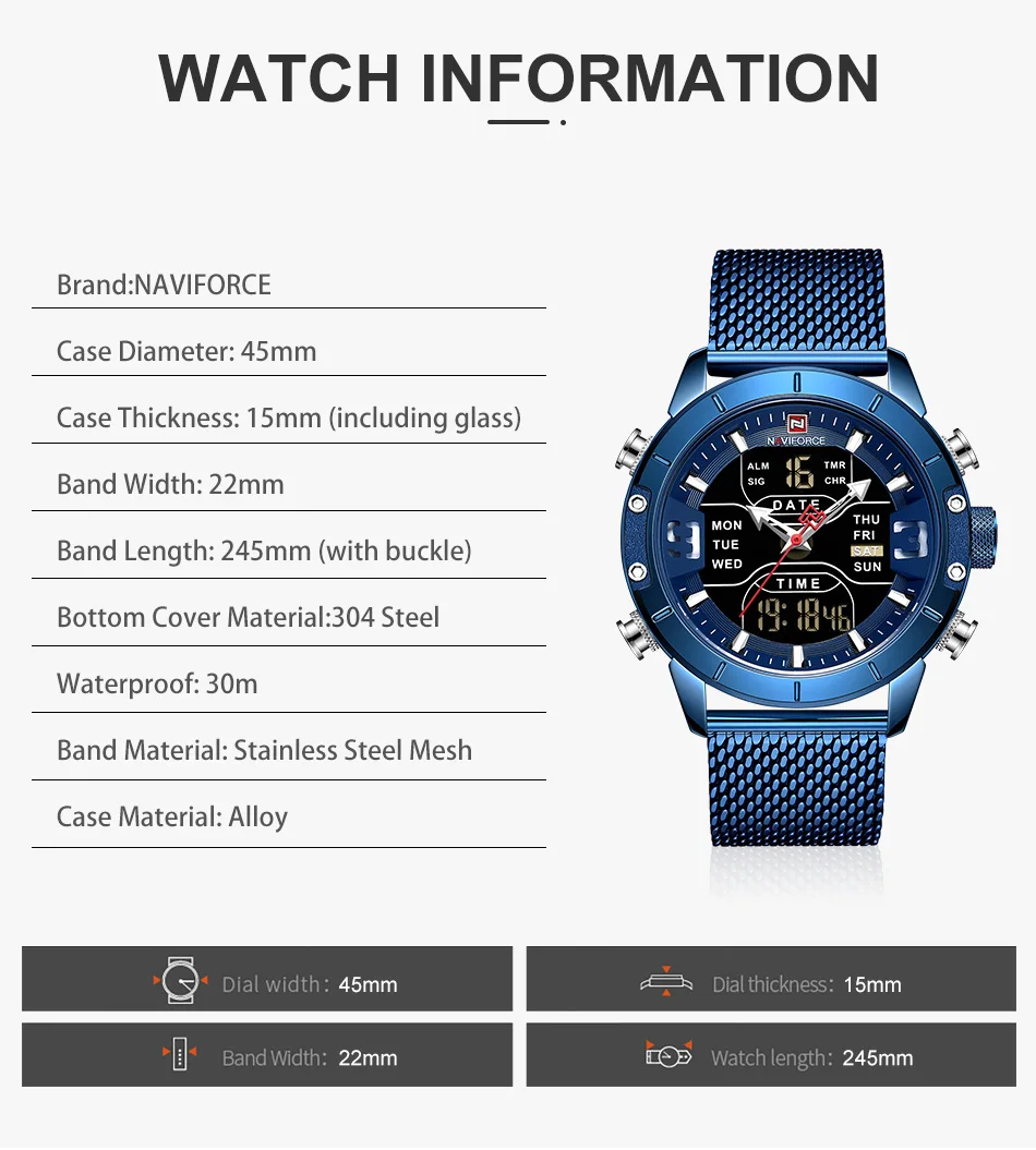 NAVIFORCE мужские часы Топ люксовый бренд Мужские Военные Спортивные кварцевые наручные часы из нержавеющей стали светодиодный цифровые часы Relogio Masculino