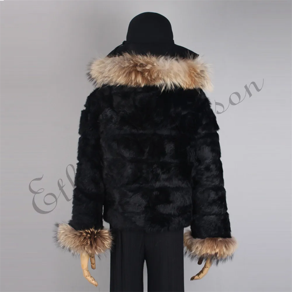 Этель Anderson Женское пальто из натурального кроличьего меха с капюшоном из натурального меха енота, капюшон с отделкой из меха енота