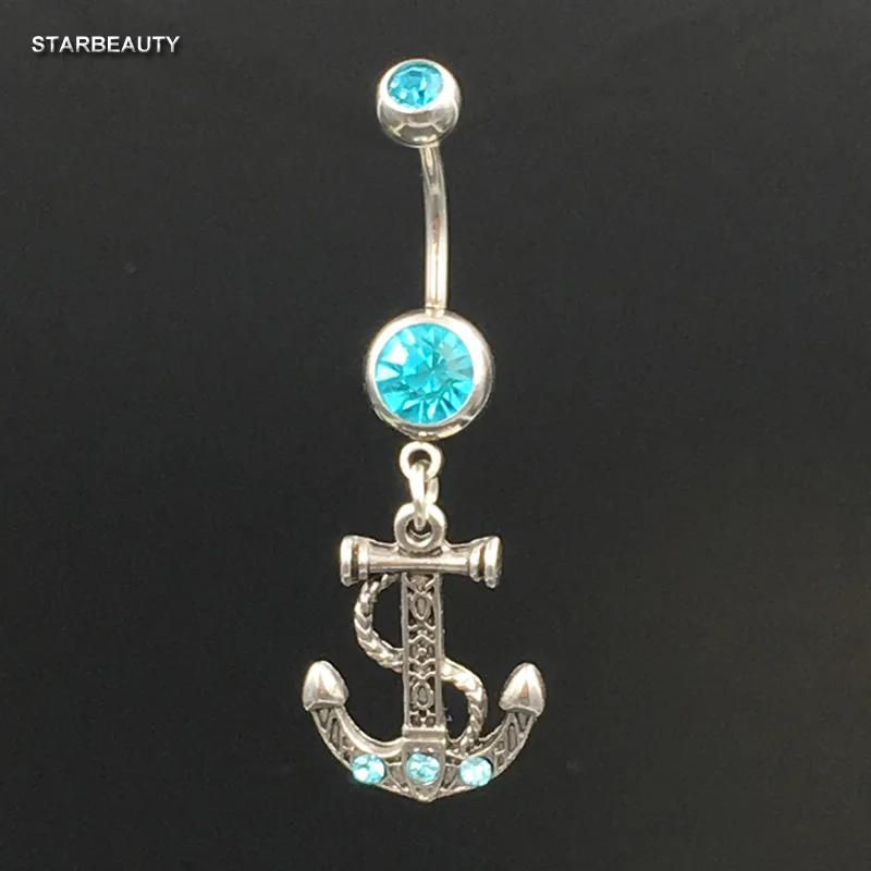 Punk Cross Anchor Navel Piercing Medical Steel Blue Crystal Rhinestone