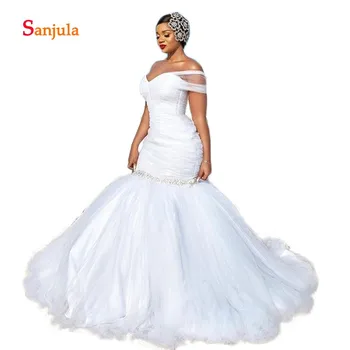 

Mermaid African Wedding Dresses 2019 Sweetheart Pleats Tulle Beaded Puffy Skirt Bridal Wedding Gown vestido de noiva sereia D689