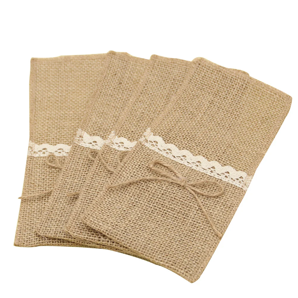 

10 Pcs Christmas Lace Jute Burlap Wedding Vintage Pocket Packaging Fork Knife Holder Pouch Party Decoration Tableware