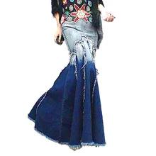 В богемном стиле осень-зима Винтаж Русалка хвост рыбы плиссированные женские джинсы макси юбки женские/пикантные женские джинсовые длинные юбка