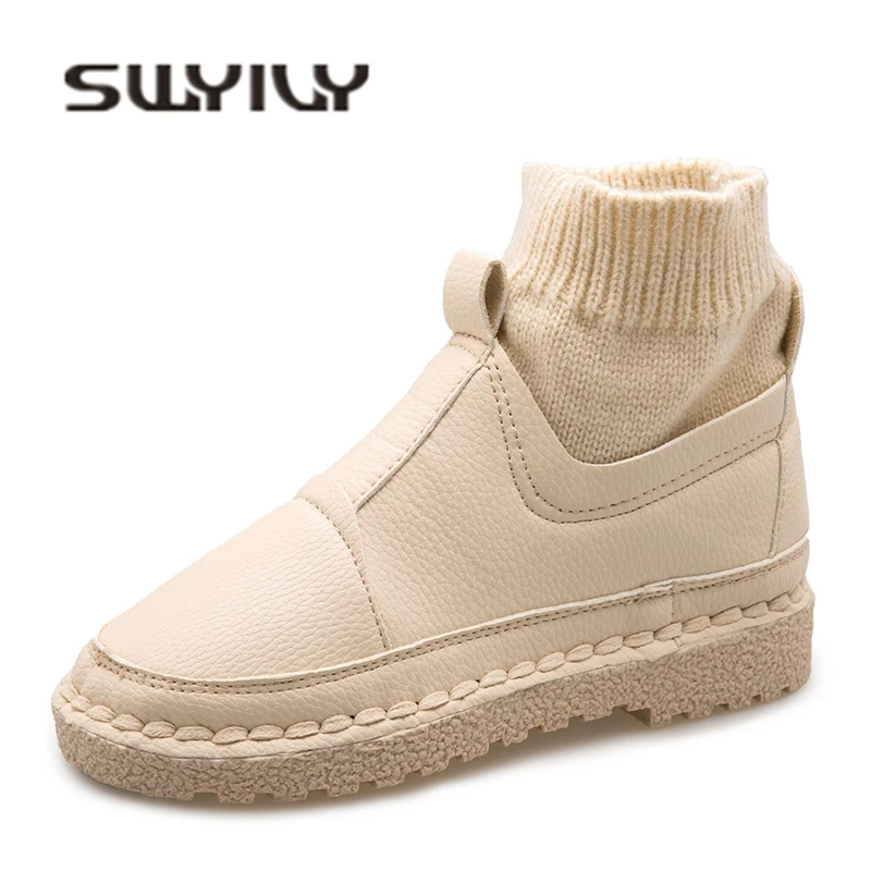 SWYIVY Knit Short Tub Snow Boots Shoes Woman Flats 2018 Winter New Girl Casual Shoes College Student Fashion Ankle Snow Boots