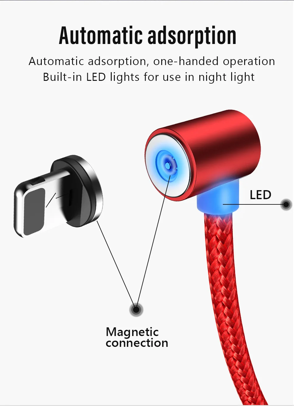 NOHON 90 градусов Магнитный кабель светодиодный освещение для iPhone X XS XR 8 Plus Micro usb type C быстрое зарядное устройство кабели для samsung S9 1 м 2 м