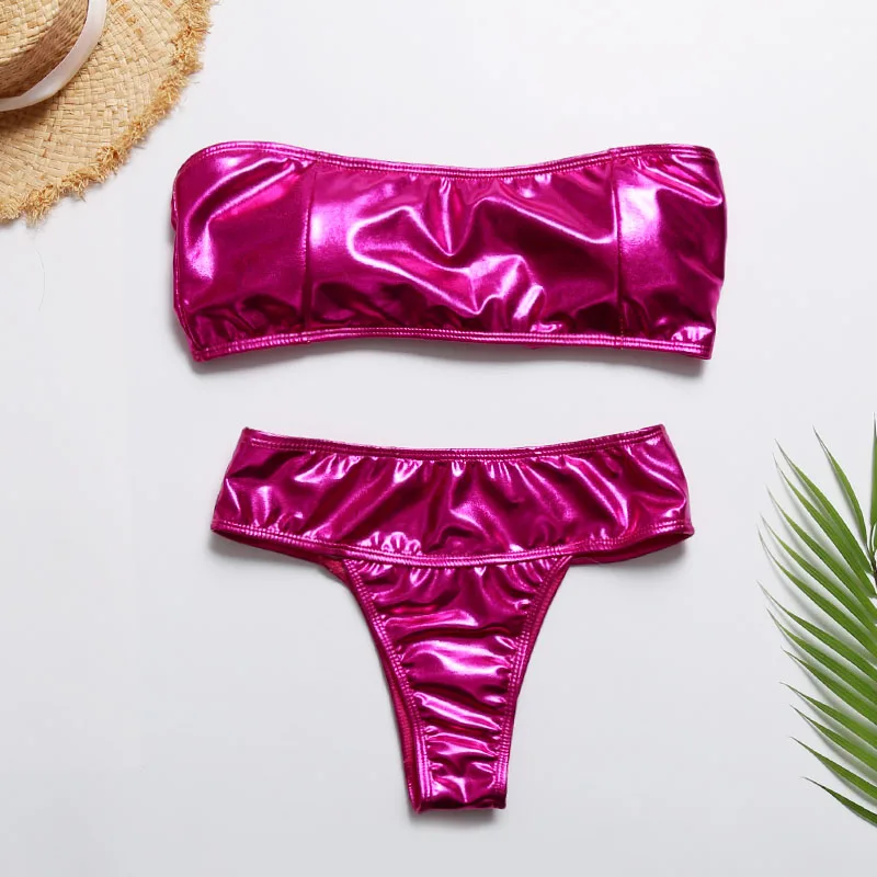 

Women's Two Pieces Swimsuit Solid Bandeau Strapless Padded Wireless High Waist Bathing Suit Swimwear