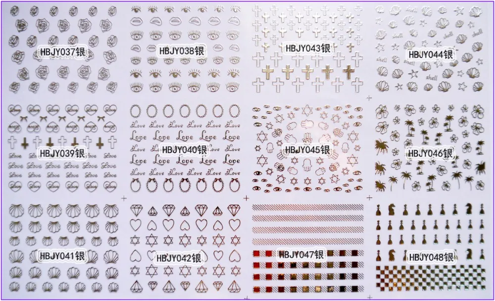 

12 PCS / LOT SELF-ADHESIVE 3D NAIL TATTOOS STICKER WHITE BLACK GOLD SILVER COLOR EYES ROSE CROSS CONCH DIAMOND RING HBJY037-048