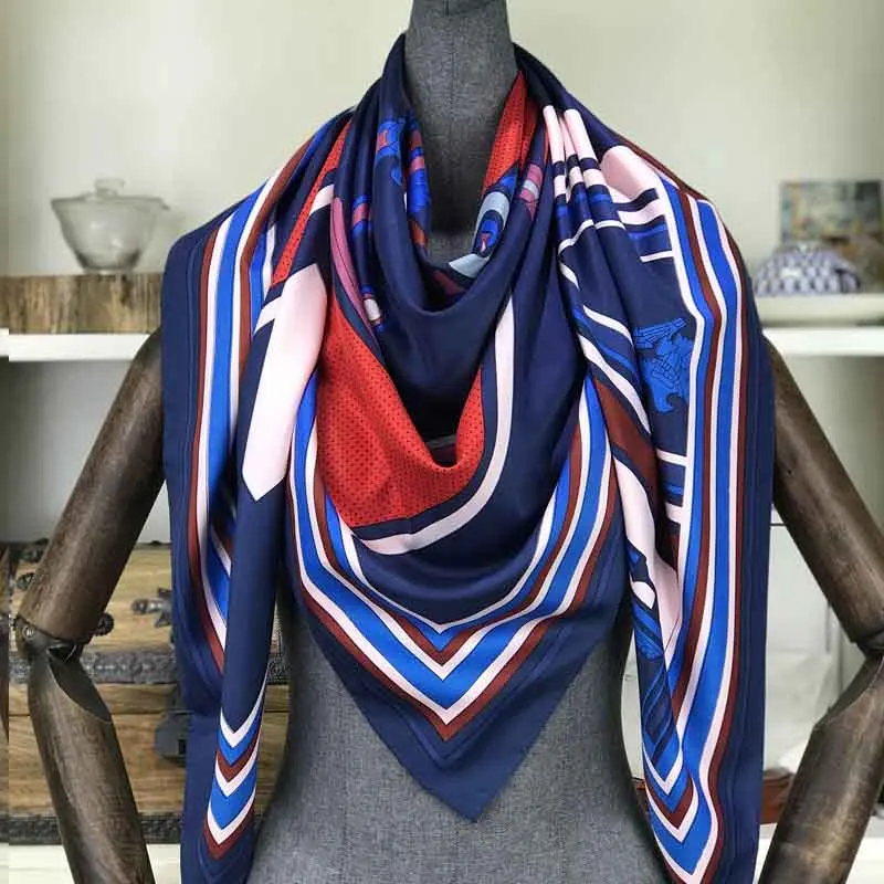 Дизайн весна лето квадратные шарфы для женщин модные женские принтованные цепи саржевый шелковый шарф роскошный бренд шаль Бандана - Цвет: Синий