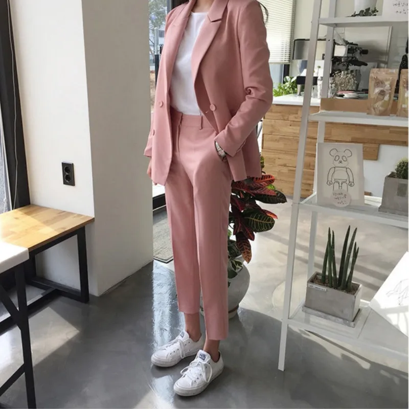 Women's high quality suit set 2019 autumn new double-breasted suit jacket loose casual straight pants two-piece suit female