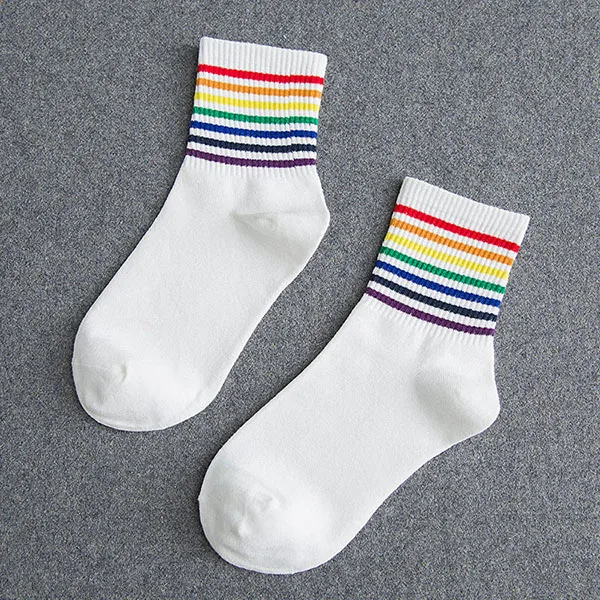 LGBT Striped Fashion Korean Streetwear Women Rainbow Socks Warm Funny Candy White Black Short Winter Cotton Happy Socks knee socks Women's Socks