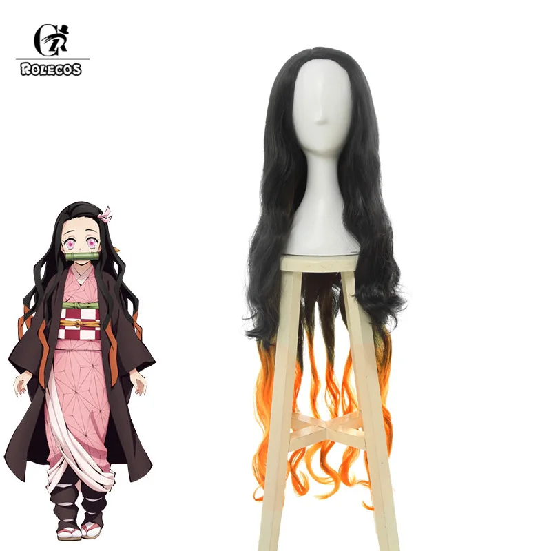 

ROLECOS Demon Slayer Cosplay Hair Nezuko Kamado Cosplay Headwear Long Curly Hair Mixed Color Black and Orange Heat Resistant