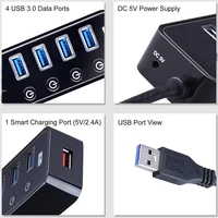מחשב נייד 3.0 HUB USB 7Ports נייד עם תקע חשמל בבריטניה האיחוד האירופי ארה"ב AU טעינה USB 3.0 יציאת HUB מפצל מתאם עבור Macbook PC מחשב נייד Tablet (5)