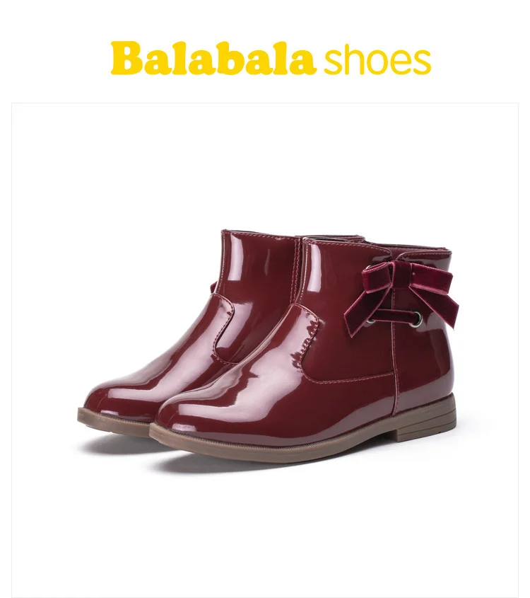 Balabala/ботинки из лакированной кожи на флисовой подкладке для маленьких девочек с декоративной бархатной бабочкой для девочек с застежкой-молнией сбоку