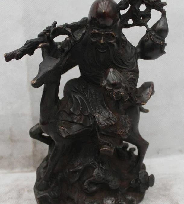 

8"Chinese Fengshui Purple Bronze longevity God Star Hold Peach On Deer Statue
