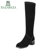 ZALAVOR/женские сапоги на высоком каблуке; женская обувь из натуральной кожи с круглым носком; модная женская обувь выше колена на квадратном каблуке и молнии; Size31-45