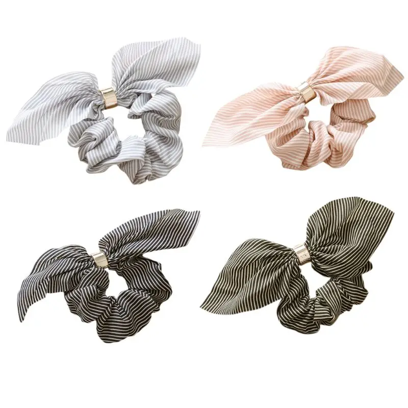 

Women Chiffon Ruched Large Intestine Hair Rope Metal Circle Ring Connected Ponytail Holder Stripes Printed Rabbit Ears Bowknot