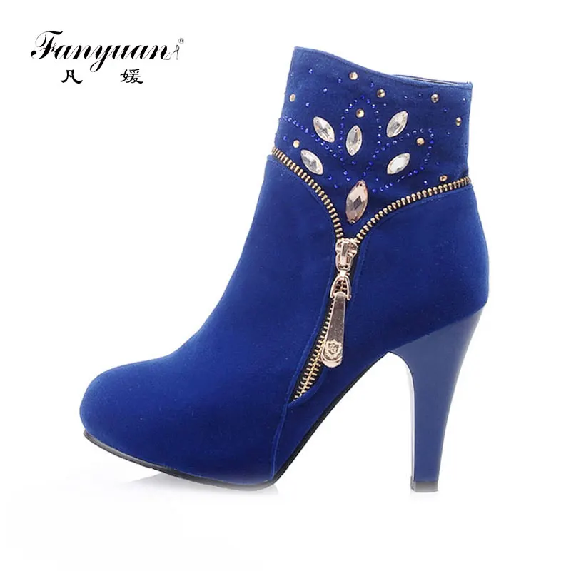 

Fanyuan Winter Zipper Women Motorcycle Boots Fashion Crystal Spike Heel Boots Round Toe Ankle Boots Solid warm Women Shoes