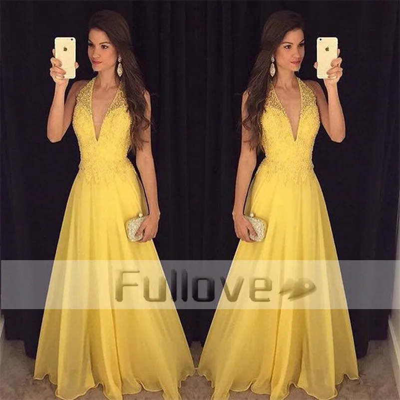 

Noble Yellow Beaded Prom Dresses Long 2019 Halter Neck Sheer Formal Prom Party Dress Evening Gowns Vestidos De Fiesta Galajurken