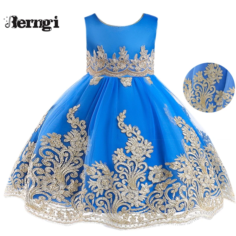 

Beringi Girls Lace Wedding Dress Kids Gold Thread Embroidered Satin Princess Dress For Pageant Formal Gown Prom Party