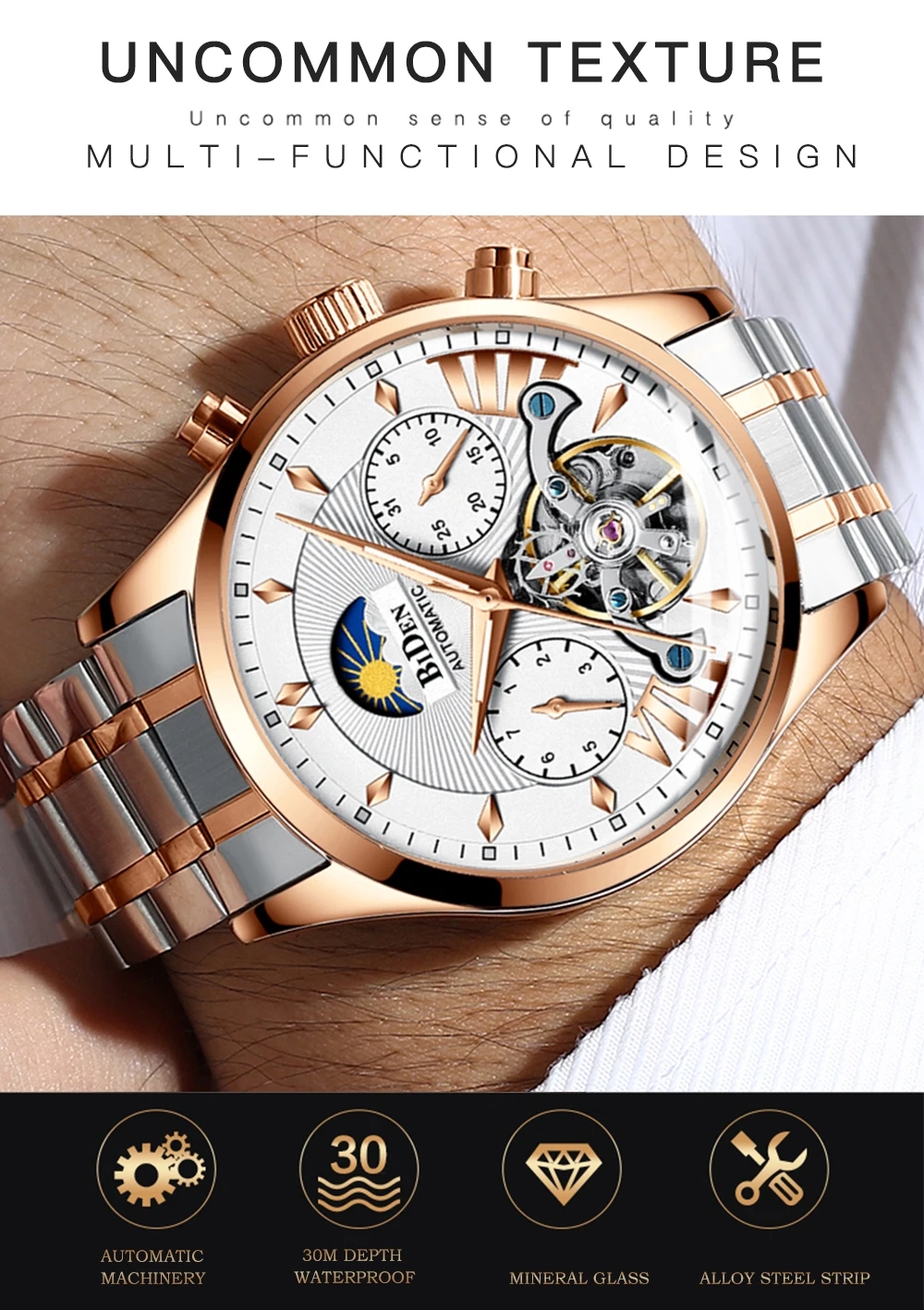 BIDEN Новые Мужские автоматические механические наручные часы Tourbillon Moon Phase из нержавеющей стали мужские часы Relogio Masculino zegarek meski# a