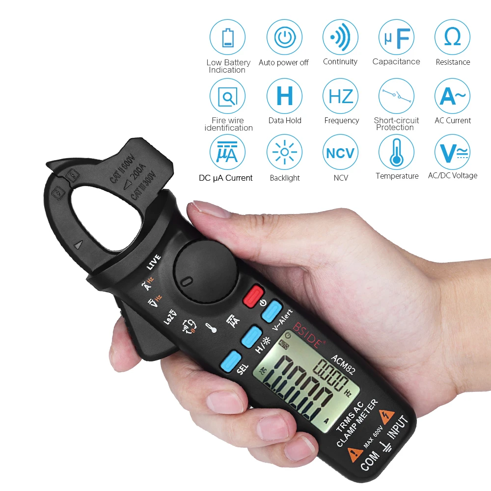 

KKMOON Mini Digital AC Clamp Meter True RMS Auto Range 0.001A Current Clamp Multimeter Hz Temp Ohm uF V-alert Live Check