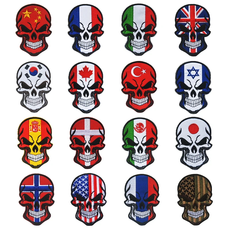

2019 Flag Skull Embroidery Patches DIY Activities Personality Badges SPAIN RUSSIA US Israel Canada Flag Patches For Clothing