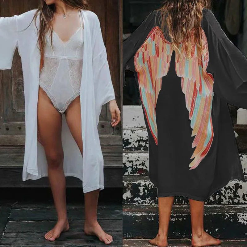 

Women's Blouse Summer Kimono Cardigan Back Wings Print Shirt 2019 Celmia Top Fashion Beach Cover Up Shirt Female Long Blusas 5XL