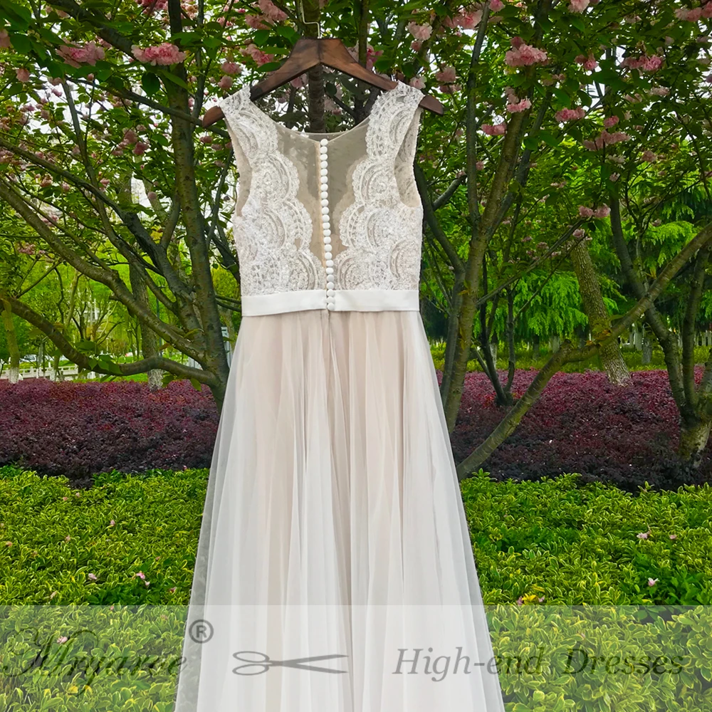 Mryarce 2018 Beach Wedding Dress Illusion Neck Lace Appiques Flowing Tulle Boho Summer Bridal Gowns  (6)