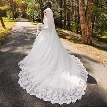 Arabic Muslim Bride with Long Trail Luxury Full Sleeve Woman Appliqued Hijab Dresses Robe De Mariage Wedding Dresses