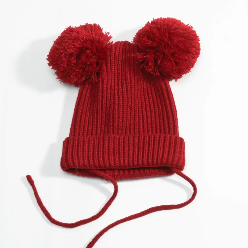 2017 Autumn Winter Children Double Hairball Knitting Wool Hats New Fashion Baby Thick Hat Boy Girl Caps Baby Beanies Accessories